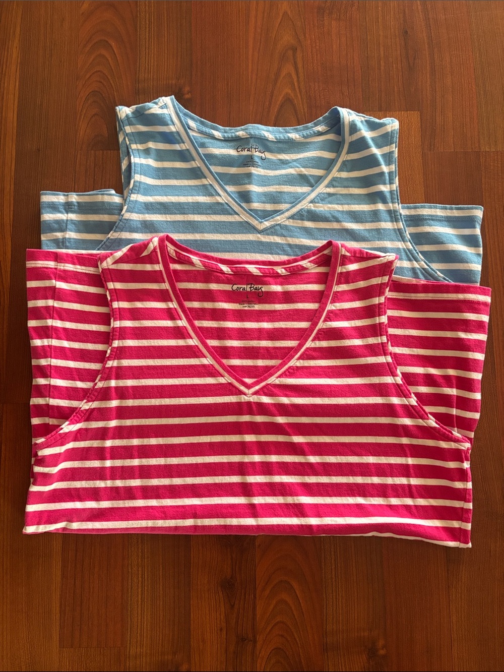Coral Bay Striped V-Neck Tank Tops - Pink & Light Blue Size L